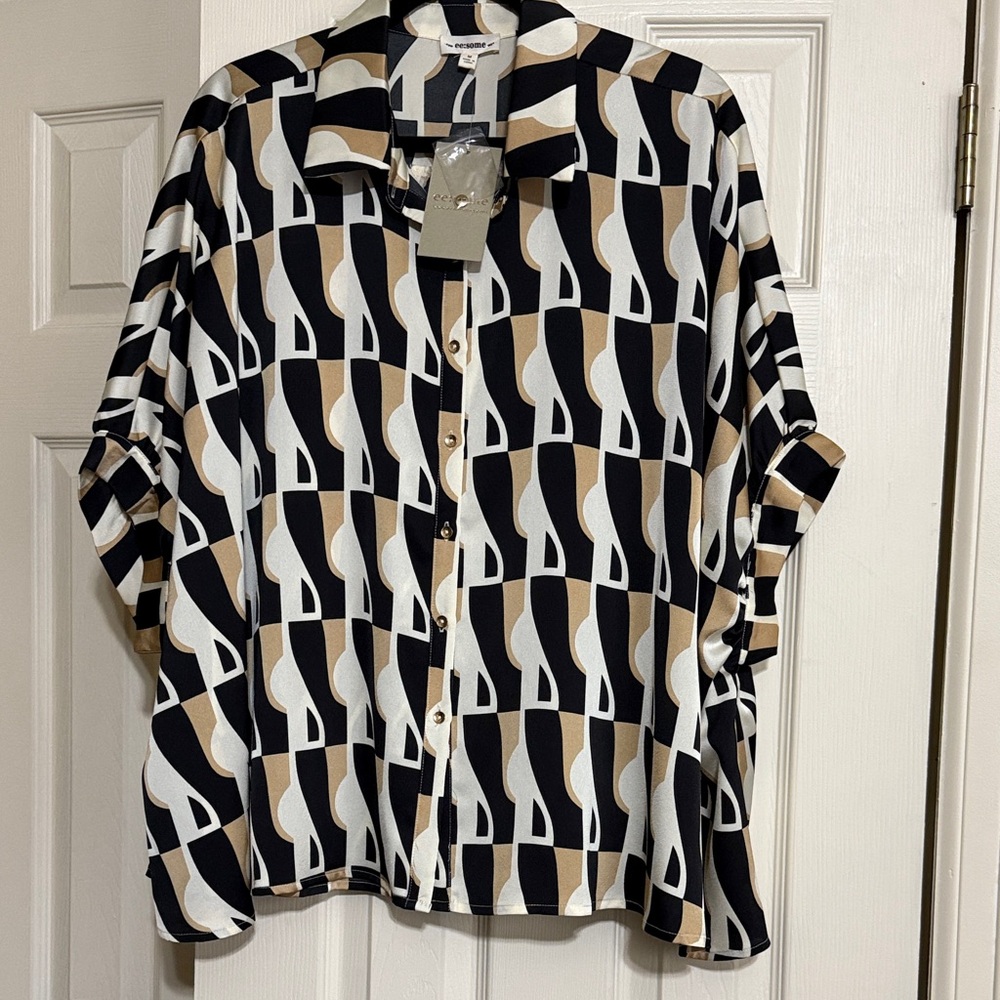 Chic Black and Tan Geometric Button Down Shirt